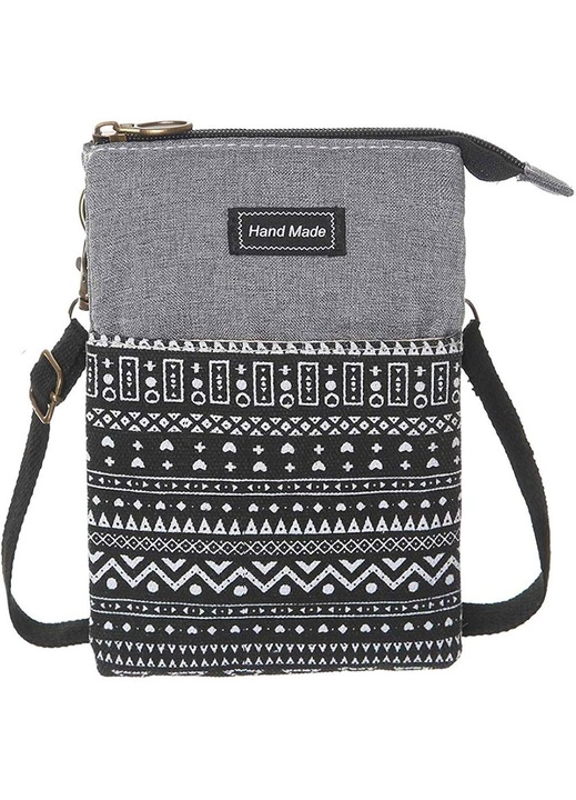 Női crossbody táska, vászon, kompakt, többzsebes, fekete, 14x19x2cm