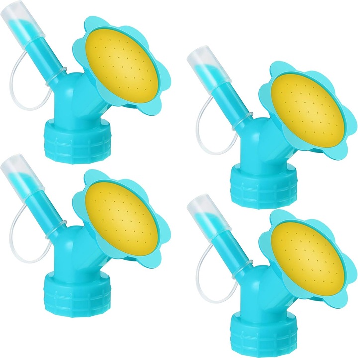 Capac stropitor/duza pentru sticla, plastic, cu cap dublu pentru stropire si turnare, potrivit pentru sticle de 2L si ghivece mici, albastru, 4 bucati