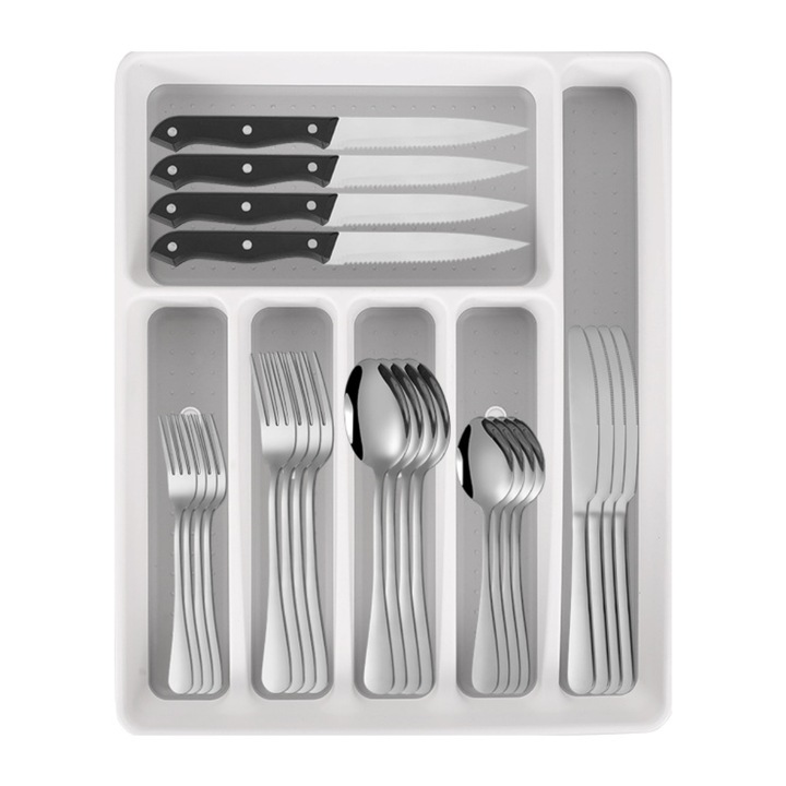 Set tacamuri 49 piese, inox, aurii, organizator sertar, pentru 8 persoane