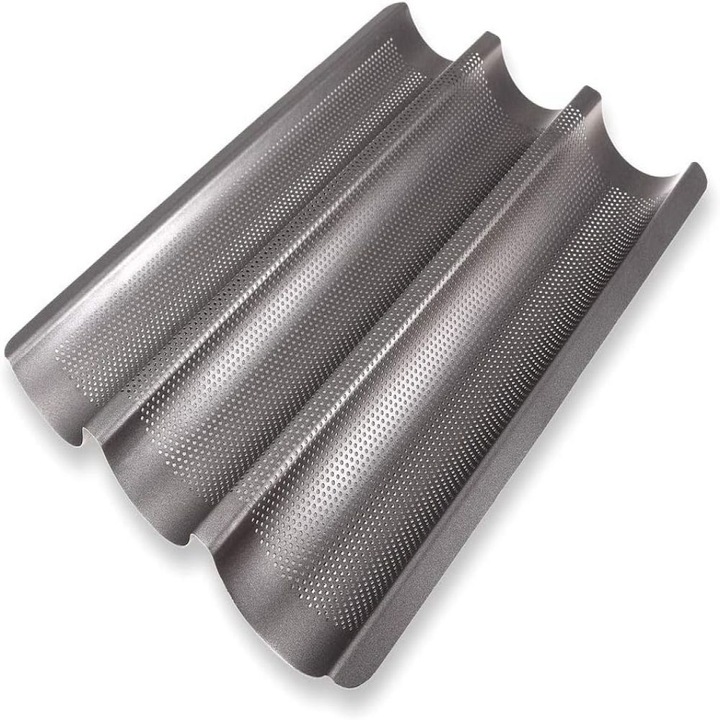Sütőtepsi 3 üreges/bagett tepsi, rozsdamentes acél, perforált az optimális légáramlásért, tapadásmentes bevonattal, ezüst, 38.5 x 28 cm, 1 db