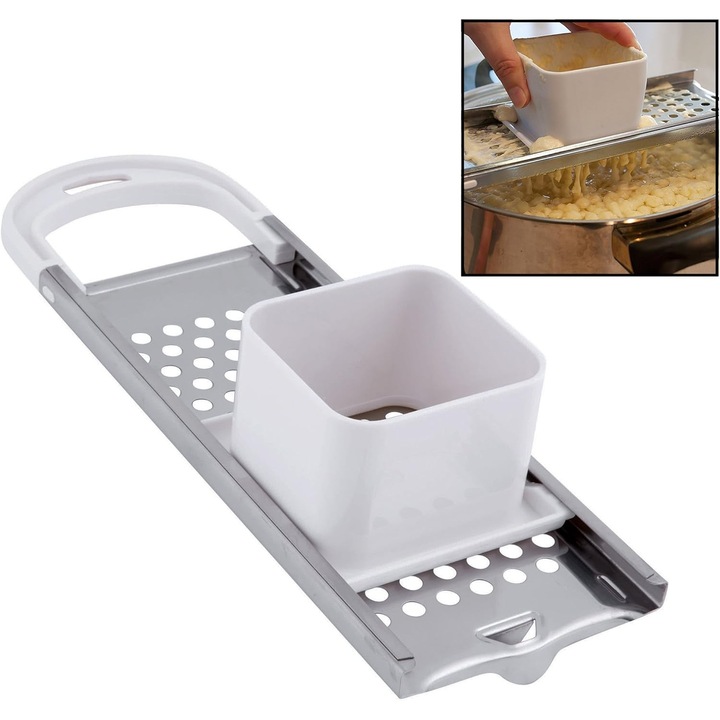 Aparat pentru spaetzle si galuste din otel inoxidabil si plastic alimentar, cu cos glisant si apasator de siguranta, alb/argintiu, 1 buc