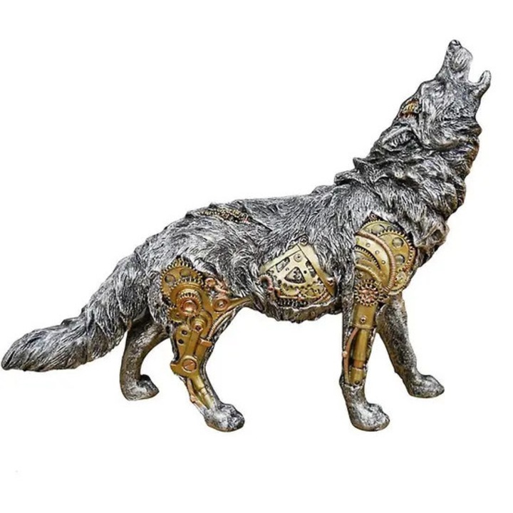 Statueta lup steampunk gotic metalic argintiu auriu 22x6x17cm