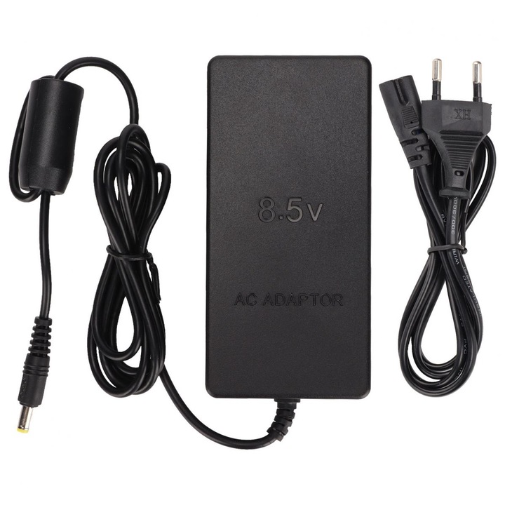 Adaptor de alimentare AC pentru PlayStation 2 PS2-70000, din ABS, compatibil 100-240V, iesire 8.5V, cu cablu inclus, Negru, 1 bucata