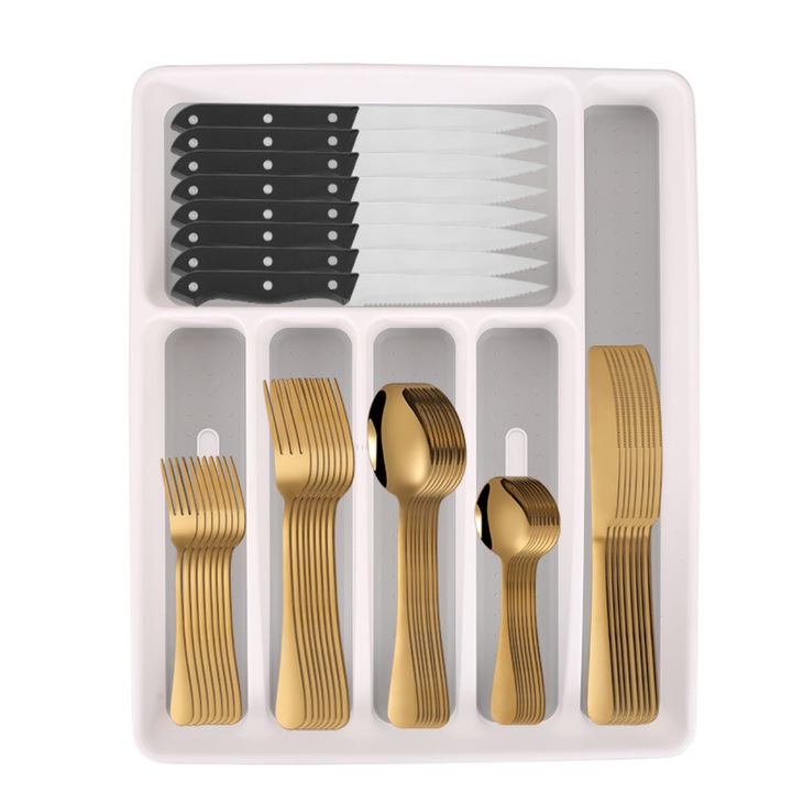 Set tacamuri/ustensile, din otel inoxidabil alimentar, rezistent la rugina si coroziune, cu organizer sertar 6 compartimente si cutite pentru friptura, auriu, 49 piese (8 persoane)