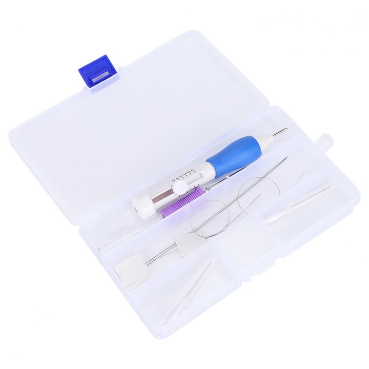 Set ac pentru punch needle, kit broderie, ac din otel inoxidabil, maner TPR ergonomic, ace interschimbabile cu lungime reglabila, Alb/Albastru, 1 set