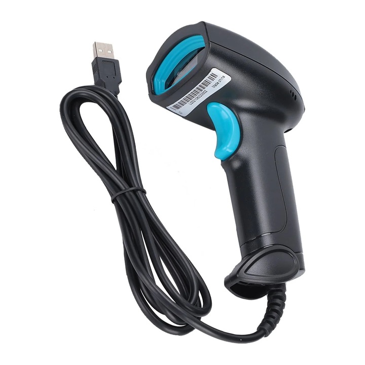 Cititor coduri de bare 2D wireless USB, negru albastru, compact, rezistent 360, IP54, 5m