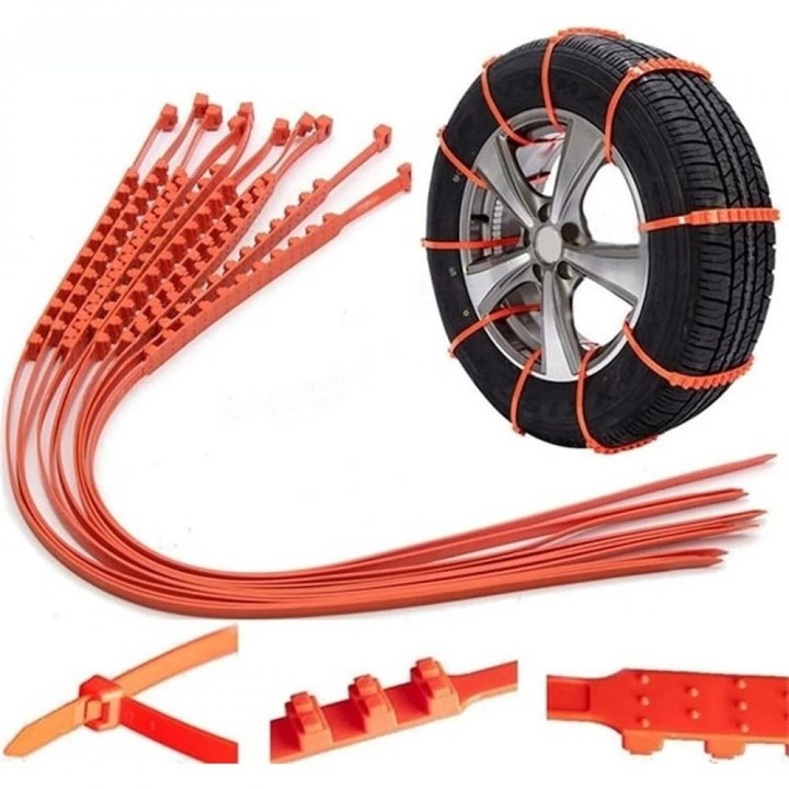 Set 10 bucati, curele antiderapante pentru anvelope, din nylon rezistent, reutilizabile si ajustabile cu catarama, portocaliu, universale pentru autoturisme si SUV