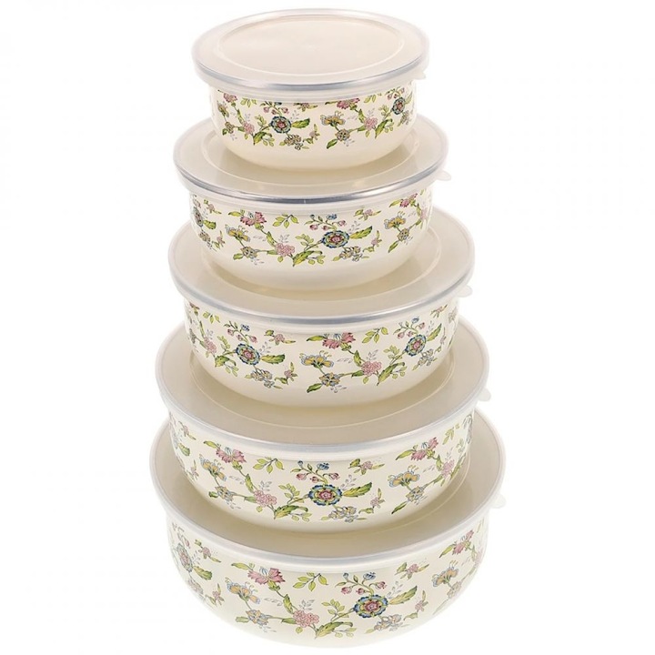Set 5 bucati, boluri/castronele emailate cu capace etanse cu garnitura din silicon, reutilizabile, crem cu model floral, 250-1000 ml