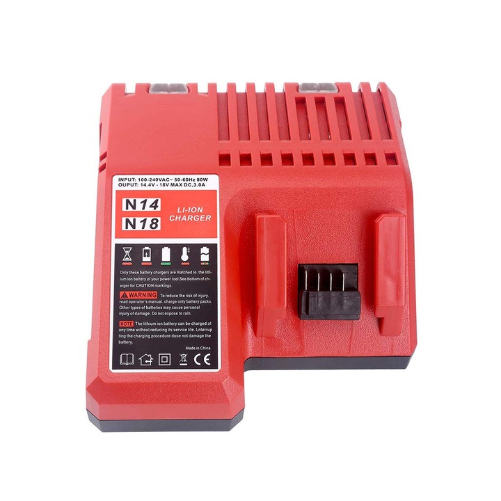 Incarcator baterie Li-Ion N14/N18 compatibil Milwaukee M14/M18, tensiune intrare 100-240V, iesire 14.4-18V 3A, protectie la supraincalzire si scurtcircuit, rosu, 1 buc