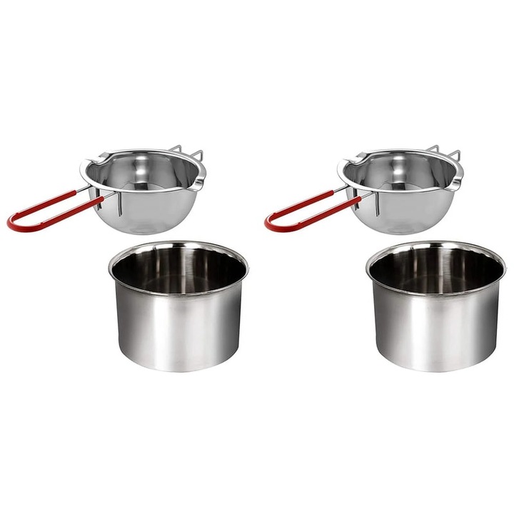 2 darabos készlet, bain-marie edény (olvasztó) élelmiszeripari rozsdamentes acélból, 400ml kapacitás, hosszú hőszigetelt fogantyú és dupla kiöntő, ezüst, 2 x 400ml