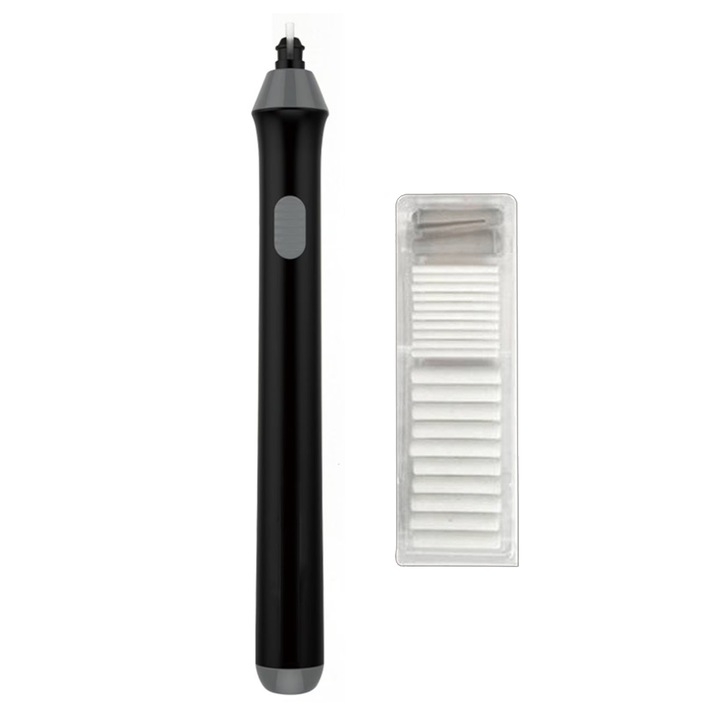 Radiera electrica rotativa, kit cu 1 corp, 2 suporturi si 20 refiluri (10 fine + 10 groase), compatibil refiluri standard 2.3mm/5mm, alimentare 2x AAA, negru, 1 set