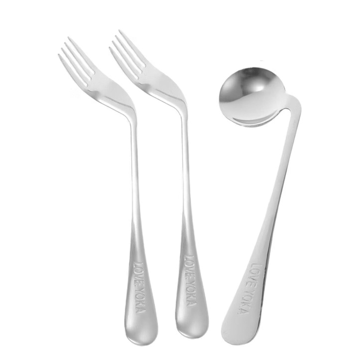 Set 2 bucati tacamuri/ustensile adaptate pentru stangaci, din otel inoxidabil, maner inclinat ergonomic, antialunecare pentru seniori si persoane cu Parkinson, argintiu, furculita 20 cm + lingura 17 cm