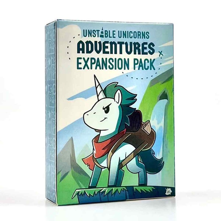 Expansiune Unstable Unicorns Adventures, 54 cartonase noi, compatibil cu Unstable Unicorns Adventures Extended Edition, 2-8 jucatori, Multicolor, 1 set