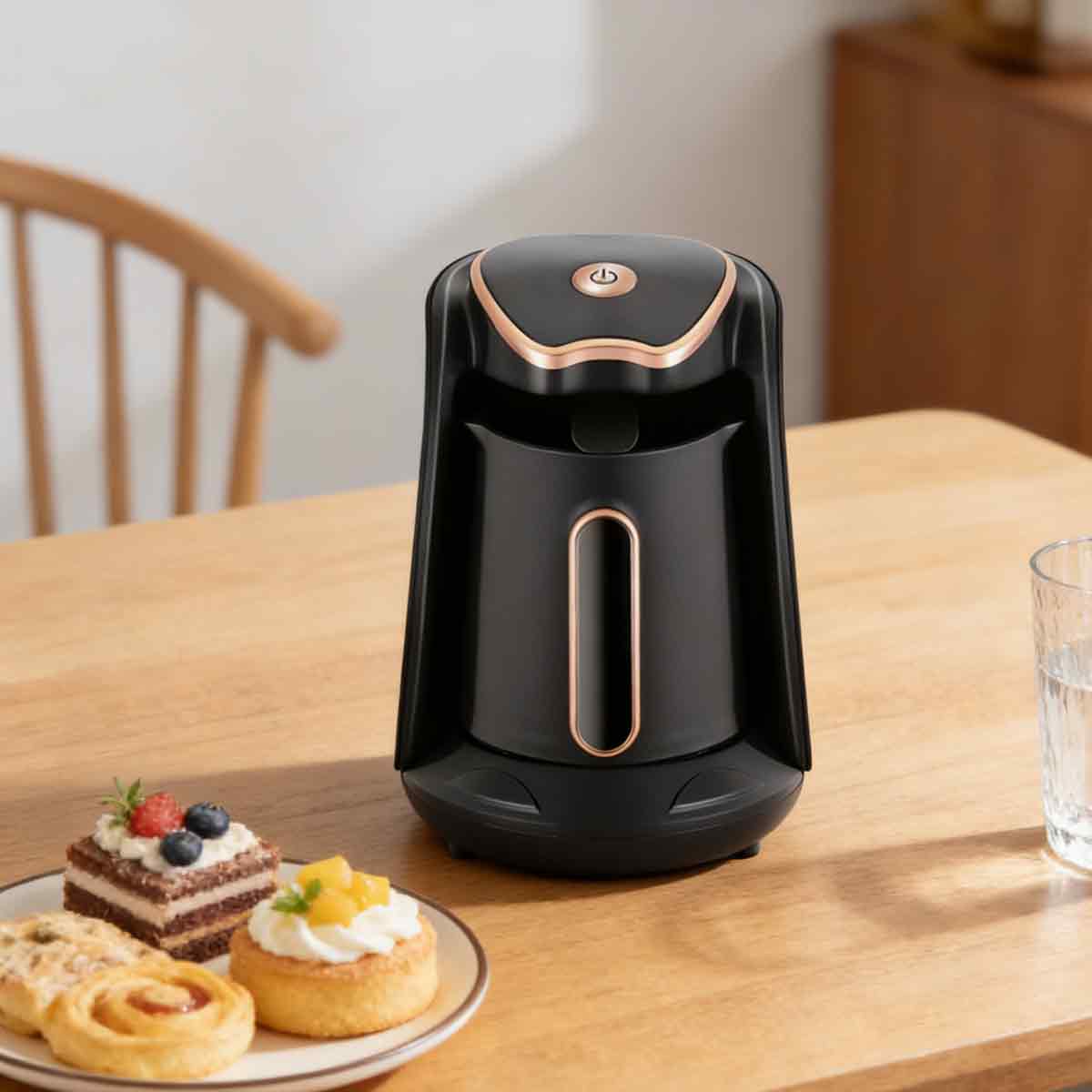 Cafetiera turceasca electrica / ibrik, sistem anti-revarsare cu senzor, avertizare sonora si luminoasa, orificiu de turnare cu flux dublu, negru/cupru, 4 cesti