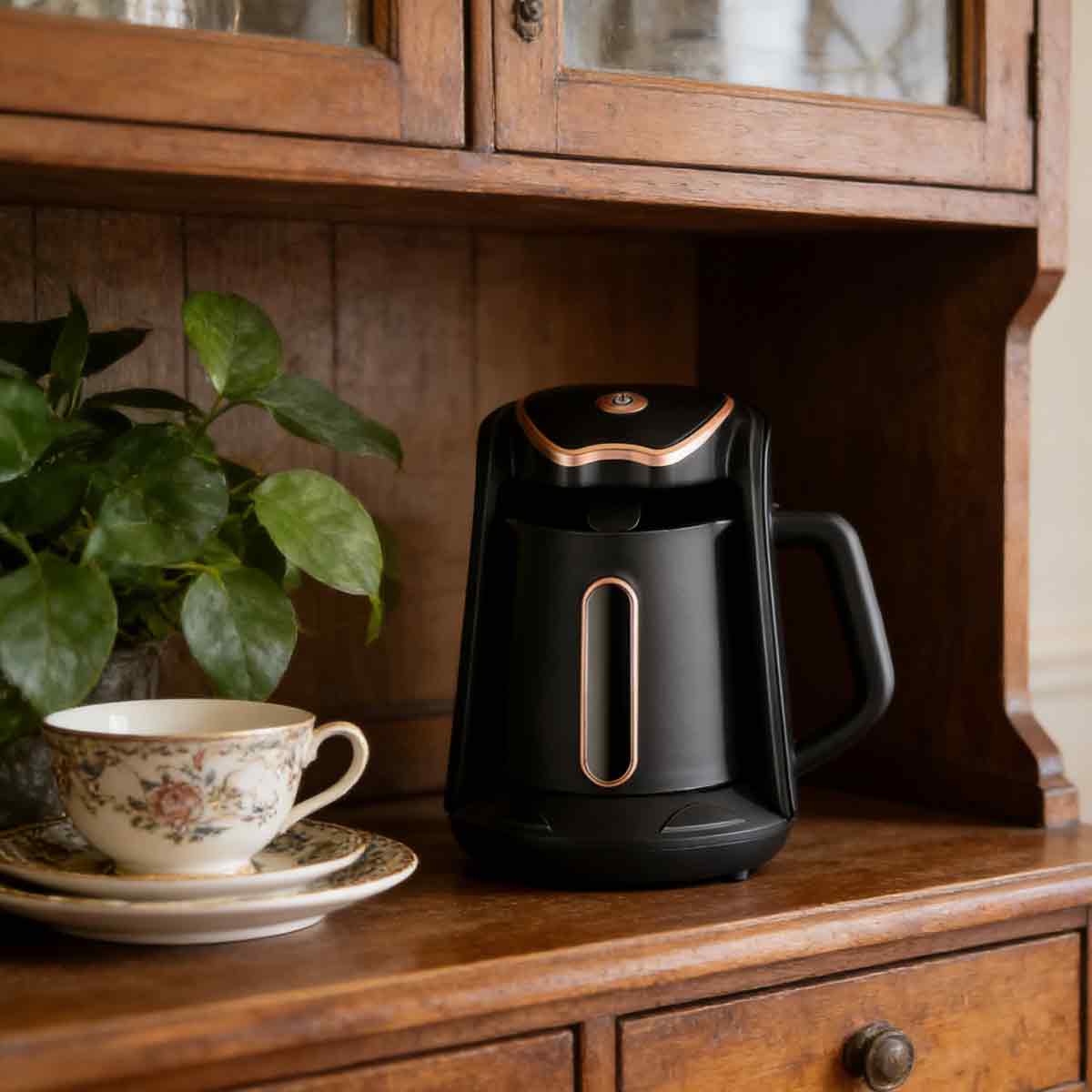 Cafetiera turceasca electrica / ibrik, sistem anti-revarsare cu senzor, avertizare sonora si luminoasa, orificiu de turnare cu flux dublu, negru/cupru, 4 cesti