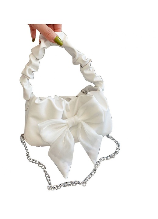 Válltáska, műbőr táska gyöngyökkel díszített masnival, rakott design, rakott fogantyú és átalakítható fém crossbody lánc, Fehér