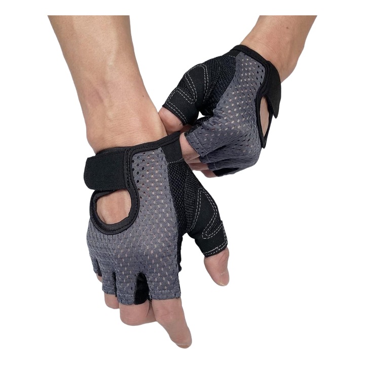 Fitness kesztyűk rugalmas textil anyagból, ujjatlan, csúszásmentes tenyérrel, könnyű és légáteresztő, Szürke/Fekete, Több méretben