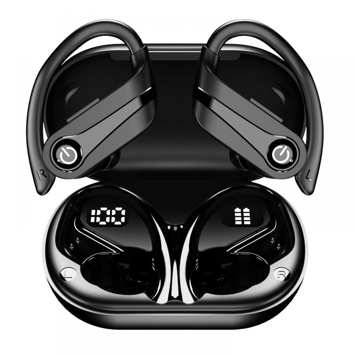 Sport vezeték nélküli Bluetooth fülhallgató, Bluetooth 5.3, ENC zajszűrés, alacsony késleltetés 0.05s, IPX8 vízálló, ear-hook in-ear design, 10 óra üzemidő + töltőtok kijelzővel, Fekete, 1 pár
