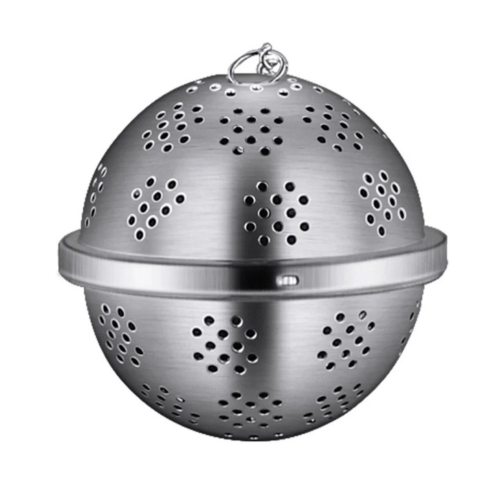 Teafőző / szűrő 304-es rozsdamentes acélból, lánccal és akasztógyűrűvel, szoros menettel és finom hálóval, ezüst, 1 db