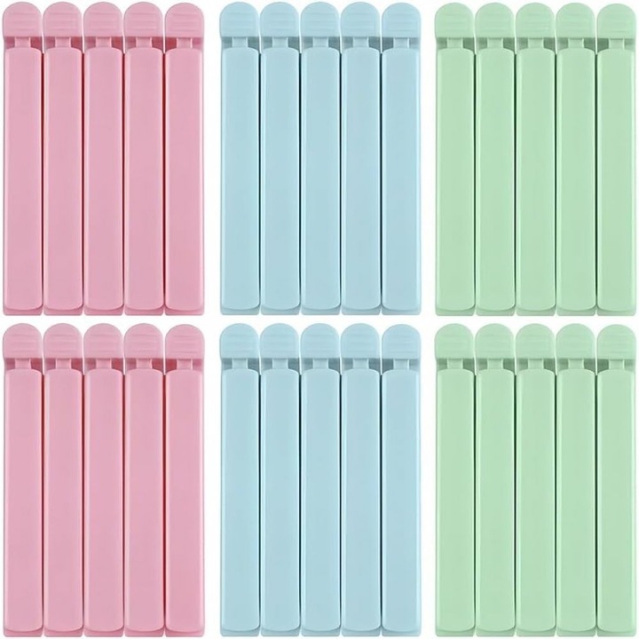 Set 30 bucati, cleme pentru alimente (clipsuri) din plastic, reutilizabile, cu inchidere etansa, multicolor, 15 cm