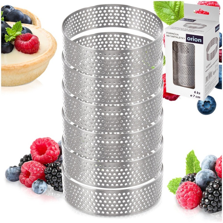 Set 6 Inele Perforate Patiserie, Orion, Tartaleta, 7x2 cm, Argintiu, Otel Carbon, Forme Rotunde Pentru Coacere Mini Tarte Si Deserturi, Margini Gaurite Pentru Distributia Uniforma A Caldurii, Suprafata Antiaderenta, Compatibile Cu Masina De Vase