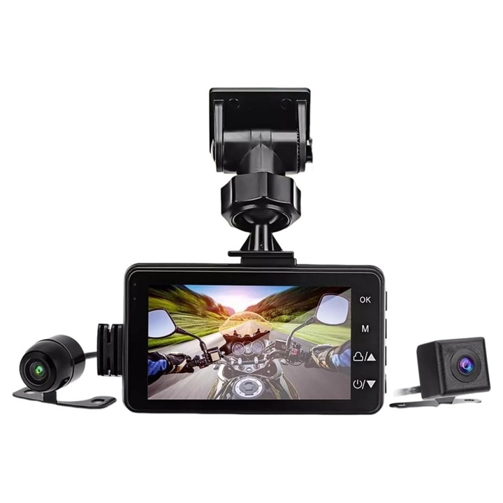 Motorkerékpár fedélzeti kamera/dash cam, kettős első-hátsó 1080P Full HD felvétel, 140°-os látószög, vízálló mozgásérzékeléssel és hurok funkcióval, Fekete