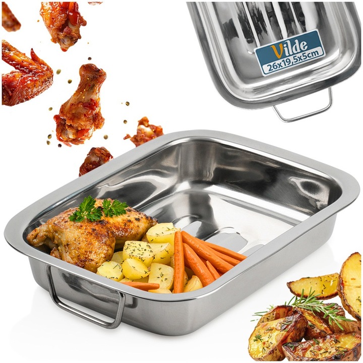 Tava De Copt Pentru Cuptor, Vilde, Dreptunghiulara, 26x19.5x5 cm, Argintiu, Otel Inoxidabil, Tava Friptura Si Prajituri Cu Manere Pliabile, Rezistenta, Versatila Pentru Gastronomie Si Acasa, Compatibila Masina De Spalat Vase, Usor De Depozitat
