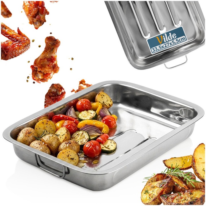 Tava De Copt Pentru Cuptor, Vilde, Dreptunghiulara, 35.5x27x5.5 cm, Argintiu, Otel Inoxidabil, Tava Mare Friptura Si Prajituri Cu Manere Pliabile, Pereti Grosi, Versatila Pentru Gastronomie, Compatibila Masina De Spalat Vase, Usor De Depozitat