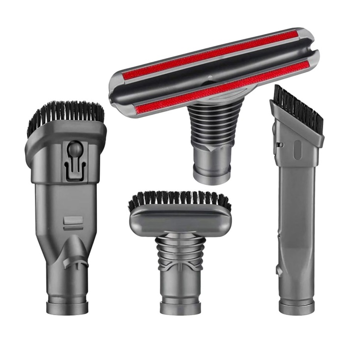 Set accesorii aspirator compatibil cu DC25, DC30, DC31, DC33, DC34, DC39, DC41, DC44, DC45, DC52, DC58, DC59, DC61, DC62, DC63, DC74, V6, perii pentru tapiterie, crapaturi si praf, Gri, 4 piese