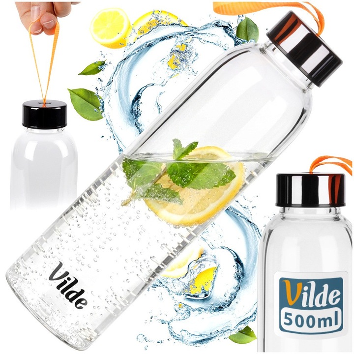 Vizespalack, Vilde, Slim, 500 ml, Átlátszó, Boroszilikát Üveg, Újrafelhasználható Sportkulacs Keskeny Formával, Tökéletesen Légmentes Zárás Szilikon Tömítéssel, Praktikus Zsinórral Ellátott Kupak, Magas Hőállóság Akár 150°C-ig