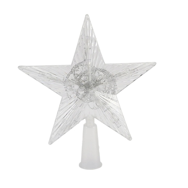 Varf de brad stea cu led, ornament de varf acrilic premium, 31 led, 6 culori (colorat/rosu/albastru/verde/alb/mov), IP44 rezistent la apa, 3 W 110-220V, 22 x 5.6 cm, transparent, 1 buc