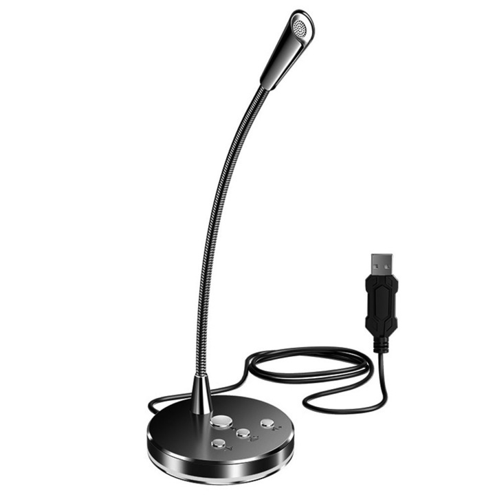 Omnidirekcionális USB kondenzátor mikrofon, némító gombbal és hangerőszabályzóval, 360°-ban hajlítható karral, zajcsökkentő chippel, plug and play, fekete, 1 db