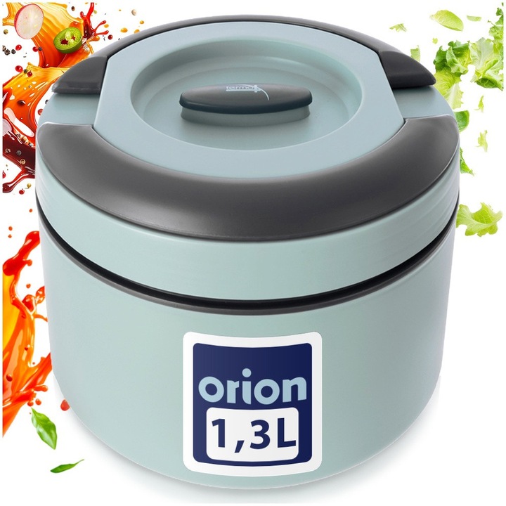 Termosz Ételhordó Ebédre, Orion, Termo, 1.3 L, Menta/Szürke, Rozsdamentes Acél, Hőszigetelt Edény Nyomáskioldó Szeleppel, Légmentes Zárás, Melegen Vagy Hidegen Tartás, Összecsukható Fogantyúk, Ebédlődoboz, Szigetelt Ebédlődoboz, Méretek 16.5x16.5x12 cm