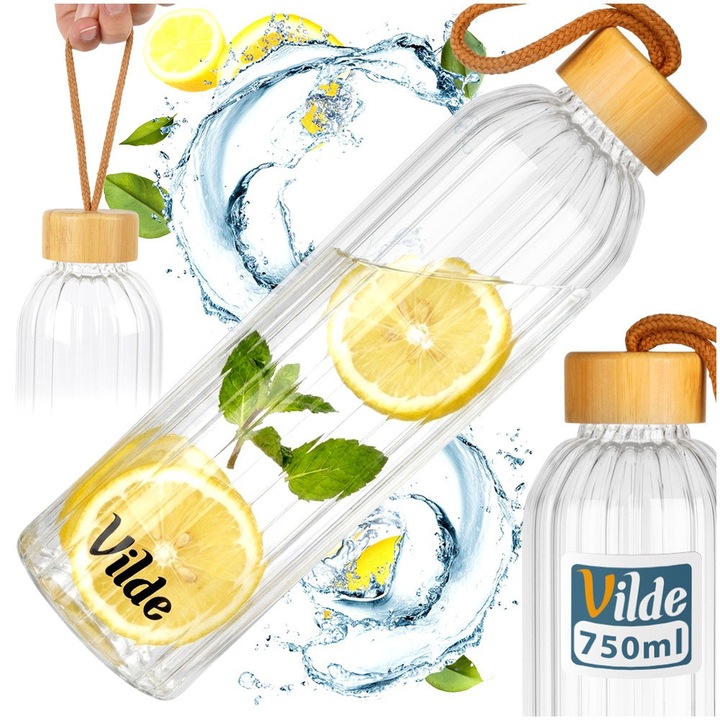 Vizespalack, Vilde, Csíkos, 750 ml, Átlátszó/Barna, Boroszilikát Üveg és Bambusz, Újrafelhasználható Sporttartály Elegáns Bordázott Kialakítással, Szivárgásmentes Menetes Kupak Rögzítőzsinórral, Hőálló 150°C-ig, Italokhoz