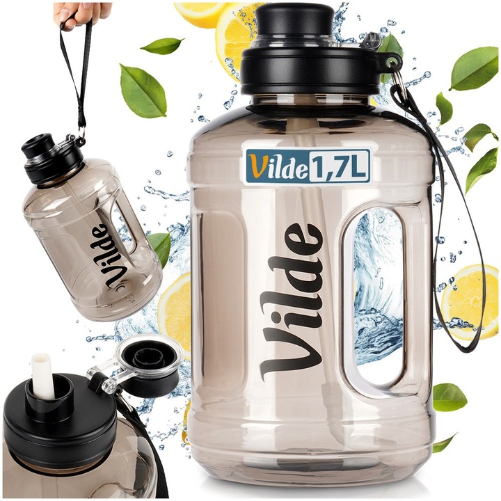 Vilde Sport Extra Kulacs, 1.6 L, Átlátszó Fekete, BPA-mentes Műanyag, Nagy Újrafelhasználható, Szivárgásmentes Kupak, Biztonságos Záródás, Ivócsőr és Levehető Szívószál, Robusztus Ergonomikus Fogantyú a Könnyű Szállításhoz, Edzőtermi Edzéshez, 12x23.5 cm