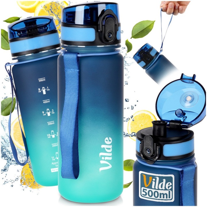 Vizespalack, Vilde, Ombre Sport, 500 ml, Sötétkék/Türkiz, BPA-mentes műanyag, Újrafelhasználható kulacs időjelöléssel, Szivárgásmentes kupak kényelmes ivócsőrrel, Praktikus fogantyú a szállításhoz, Ideális kerékpáros edzéshez, 60°C-ig ellenálló