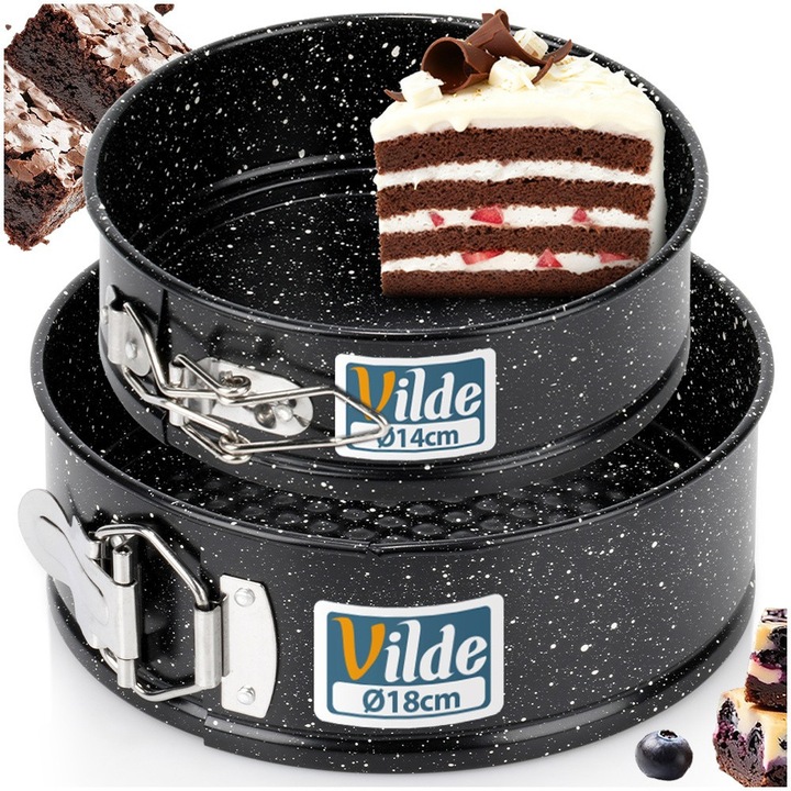 Set 2 Forme Tort Cu Baza Detasabila, Vilde, Granit, 14/18 cm, Negru, Otel Carbon Cu Invelis Antiaderent, Tavi Rotunde Pentru Copt Prajituri, Cheesecake, Pandispan, Inel Detasabil Pentru Desprindere Usoara, Rezistente La 230°C, Pentru Cuptor