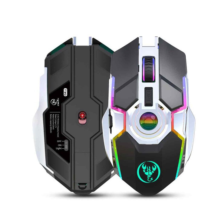 Vezeték nélküli újratölthető egér lítium akkumulátorral, ergonomikus ABS-ből RGB világítással, 2.4G, 2400 DPI, Fekete/Fehér, 1 db