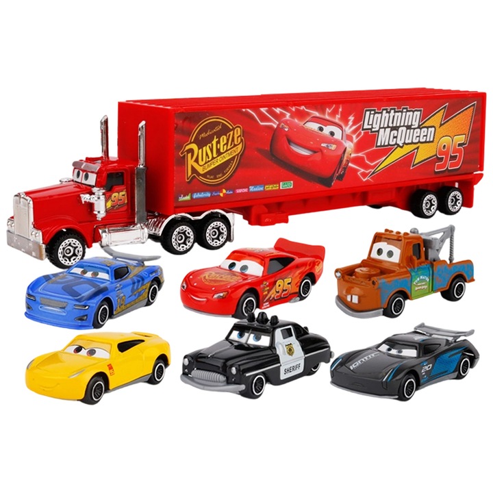 7 darabos készlet, diecast kisautók/járművek és kamion pótkocsival, mozgatható kerekek, autó kb. 7cm, kamion kb. 24cm, Többszínű
