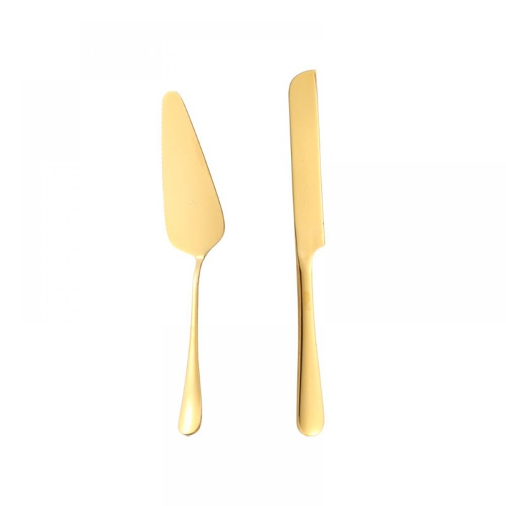 2 részes tortavágó és -szervírozó készlet, aranyozott rozsdamentes acél, 23.7x23 cm