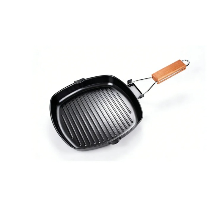 Grillsütő serpenyő, összecsukható steak serpenyő, barázdált felülettel a pirításhoz és olajleeresztéshez, élelmiszeripari tapadásmentes bevonat, összecsukható fa fogantyú, gáz- és indukciós tűzhelyekkel kompatibilis, fekete, 1 db