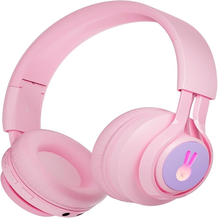 Gyermek és tinédzser fejhallgató, Pink Bunny, hangerőkorlátozó 74/85 dB, Bluetooth 5.0 és 3.5mm vezetékes mód, HD mikrofon zajcsökkentéssel, LED-ek, összecsukható és könnyű, rózsaszín, 1 db