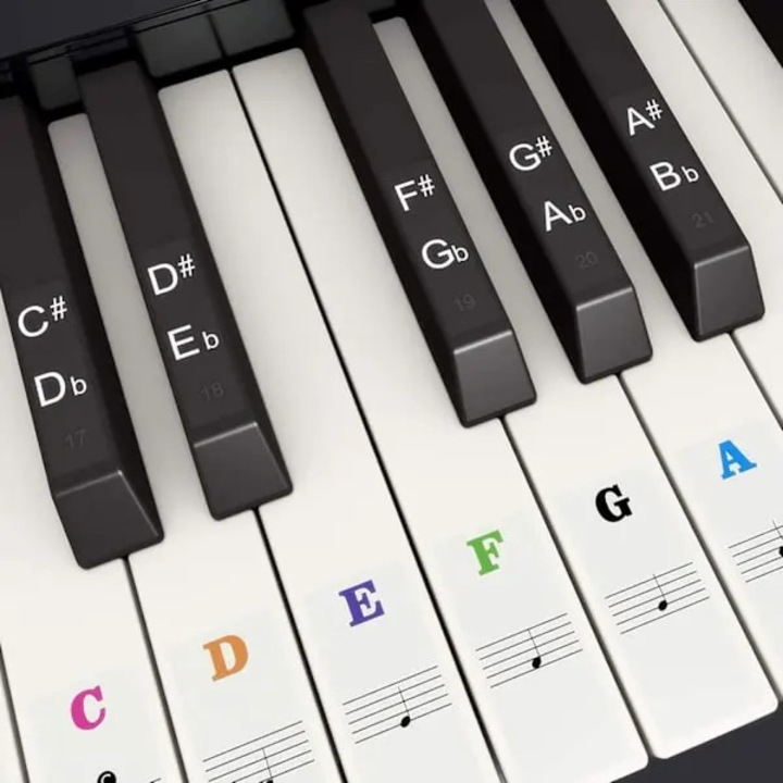 Autocolante pentru clape de pian, stickere pentru clape, compatibile cu 54/61/88 clape, pentru copii si incepatori, cu litere si note muzicale, multicolor