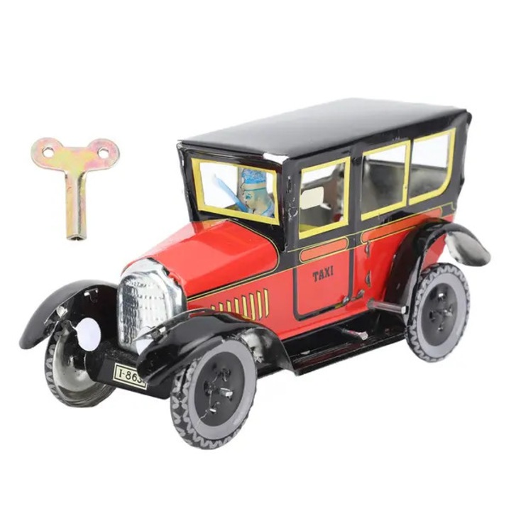Rugós kisautó, vintage stílusú játékautó, fémlemezből, visszahúzós mechanizmussal és dekoratív, Piros/Fekete, 1 db