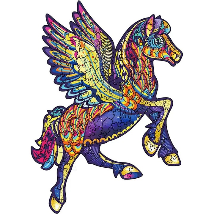 3D дървен пъзел Pegasus, образователен пъзел с лазерно изрязани части от липово дърво, нетоксична UV боя, Многоцветен, 1 бр
