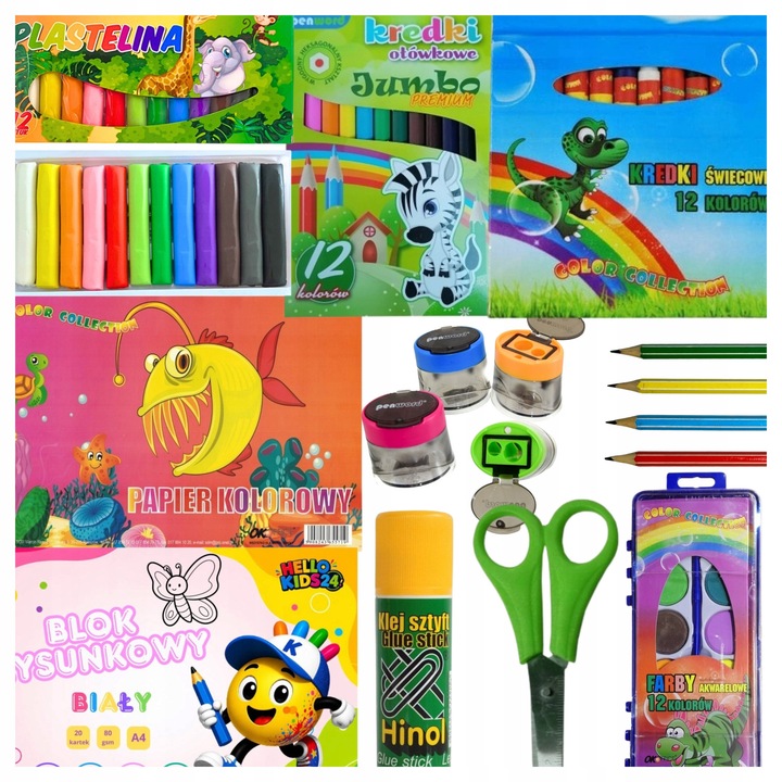 Hinol Jumbo Penword HelloKids24 iskolai készlet, komplett óvodába és iskolába, vízfesték 12 szín ecsettel, jumbo ceruza 12 szín, gyurma 12 szín, A4 rajzlap 20 lap, ragasztó 36g, olló, dupla hegyező, HB ceruza
