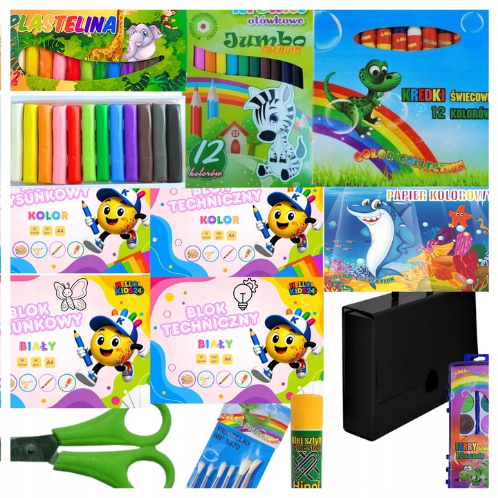 Komplett iskolai készlet, OK Office, HelloKids24, bőrönd típusú doboz fogantyúval (vastagság 90 mm), műszaki rajzlap A4 180g és 160g, rajzlap A4 80g, vízfesték 12 szín, gyurma 12 szín, jumbo ceruzák 12 szín, ragasztó 36g, olló vonalzóval, 6 ecsettel