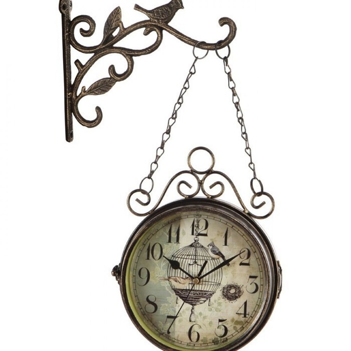 Ceas de perete, ceas decorativ Retro 20th Century, dublu fata cu rotatie 360°, mecanism quartz silentios fara ticait, bronz antic, cadran 7.5 in (19 cm), 1 buc