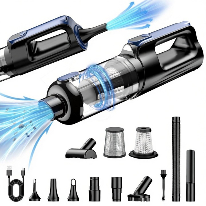 Aspirator auto portabil 2 in 1, motor fara perii 130W, 18000Pa, baterie 7800mAh, negru, 1.4lb