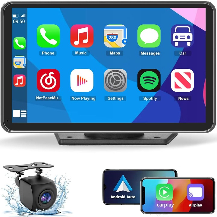 Vezeték nélküli hordozható autós kijelző Carplay funkcióval, 7 hüvelykes, érintőképernyős, fekete, 7x12cm